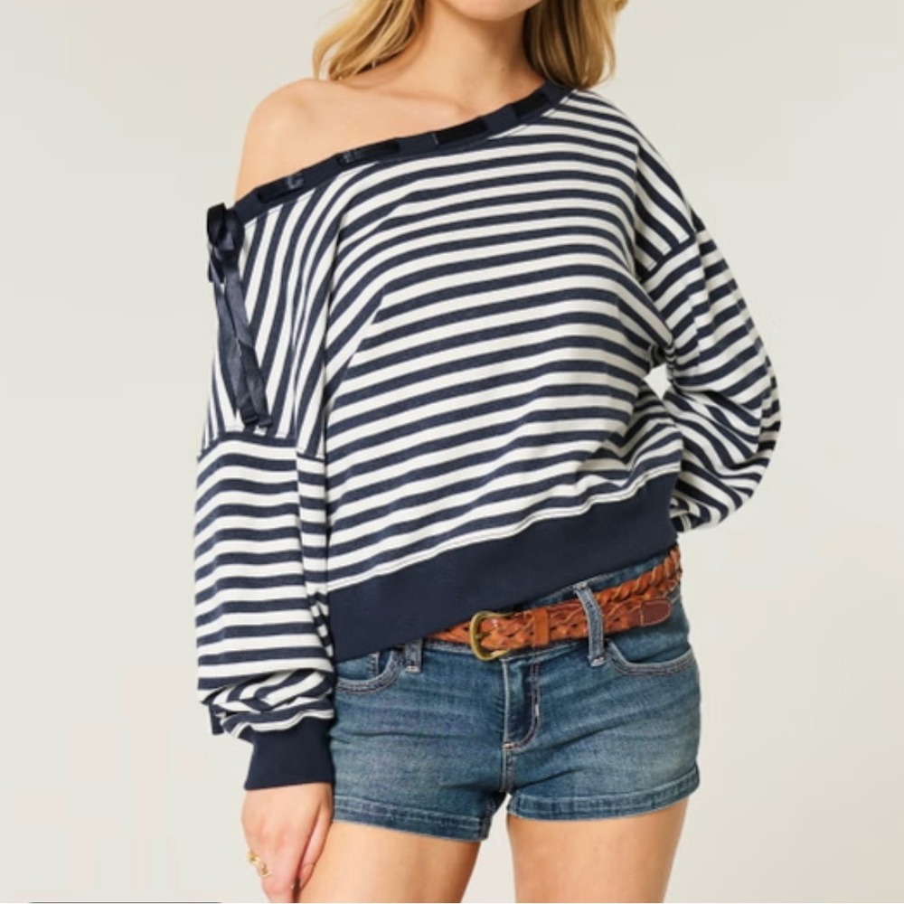 Hollister Ribbon Tie Off Shoulder Striped Sweatshirt Womens XXS Navy White Boho